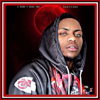 a man in a black hoodie standing in front of a red background